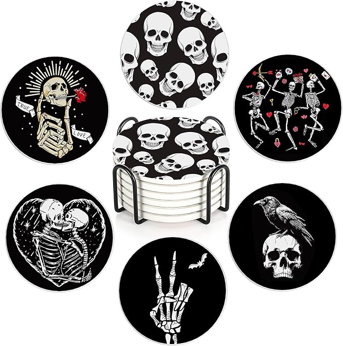 Coaster for Drinks Set of 6, Skeleton Skull Absorbing Round Ceramic Stone Coaster with Cork Base,Tabletop Protection Mat for Mugs and Cups,Coffee Table Wine Glass Home Bar 4 Inch - sugar skull coasters set