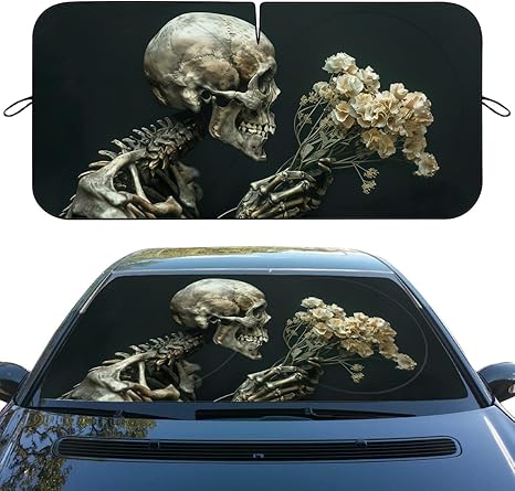 Gothic Skull Car Windshield Sun Shade - Flower Art Skeleton Heatshield Blocks UV Rays Sun Visor Protector for Sedan Truck SUV - 59" L x 31.5" W - sugar skull car sunshade for windshield
