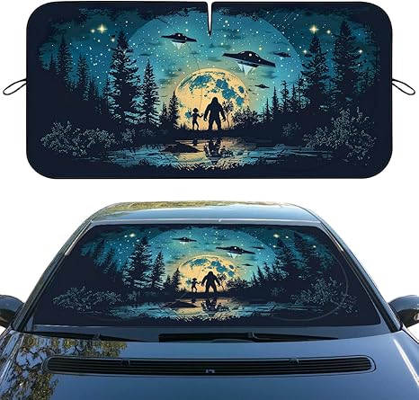 Bigfoot Alien Car Windshield Sunshade - Folding Moon UFO Trees Heatshield Front Window Sun Shade Visor Protector for Sedan Truck SUV - 59" L x 31.5" W - sugar skull car sunshade for windshield