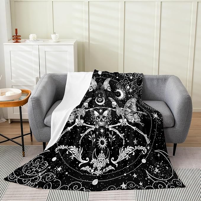 Feelyou Sugar Skull Plush Throw Blanket, for Sofa Couch Kids Boys Girls Gothic Skull Flannel Fleece Blanket 40"x50" Halloween Themed All Season,Bed Blanket Bedroom Decor Boho Death Moth - sugar skull throw blanket