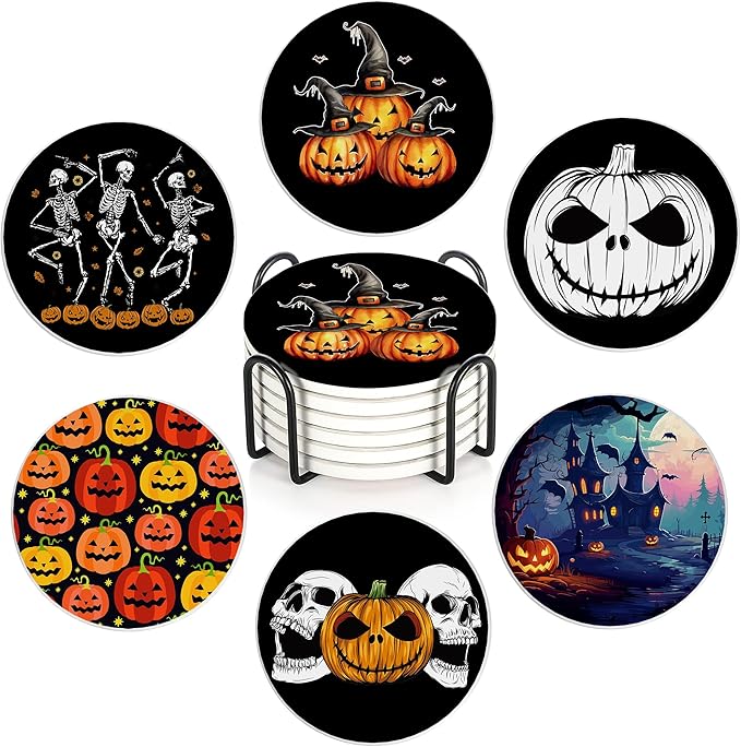 Coaster for Drinks Set of 6, Halloween Skeleton Skull Pumpkin Absorbing Round Ceramic Stone Coaster with Cork Base,Tabletop Protection Mat for Mugs and Cups,Coffee Table Wine Glass Home Bar 4 Inch - sugar skull coasters set