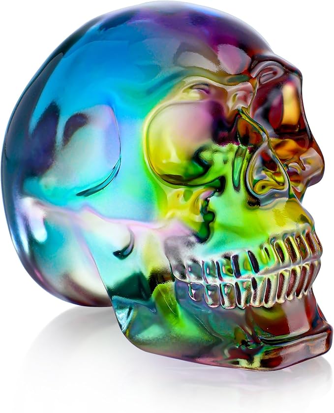HDCRYSTALGIFTS 3'' Multi-Color Crystal Human Skull Model Statue for Halloween Decorations,Glass Skulls Head Figurine Gothic Decor for Home Day of The Dead - sugar skull figurine collectible