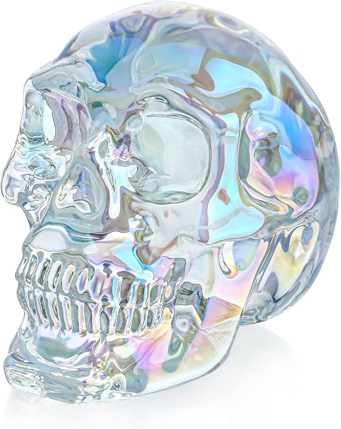 HDCRYSTALGIFTS 3'' Crystal Human Skull Head Statues Halloween Decor Glass Skull Figurines Sculpture for Home Decor,Colorful - sugar skull wine glass
