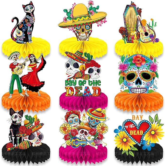9 Pieces Day of The Dead Honeycomb Centerpiece Table Decorations, Dia De Los Muertos Sugar Skull Theme Party Table Toppers for Dia De Los Muertos, Day of The Dead, Halloween Mexican Party Supplies - sugar skull plates set