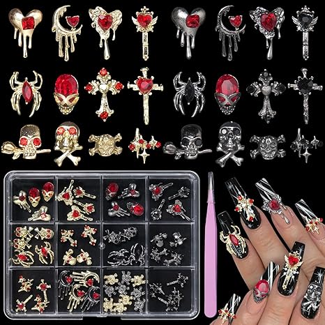 54 PCS 24Styles Halloween Nail Charms, 3D Gold Black Alloy Spider Skull Nail Rhinestones Charms Vintage Gothic Retro Nail Art Charms, Dark Cross Moon Heart Nail Gems and Charms Nail Accessories - sugar skull nail art