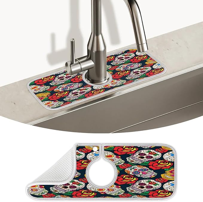 Kitchen Faucet Splash Mat (15" X 5.4"),Sugar Skulls Flowers,Super Absorbent Fast Drying Mat,Sink Splash Guard Behind Faucet Drip Catcher for Kitchen,Dish Drying Mat,Bathroom,Sink Mat (1 PCS） - sugar skull toilet mat set
