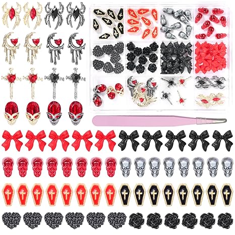 Gothic Nails Charms, Halloween Nail Charm and Gems, Multi Shapes Black Red Spider Hand Rose Heart Hand Moon Skull Cross Bows Vintage Gothic Halloween Nail Art Charms for Nails Art DIY - sugar skull nail art