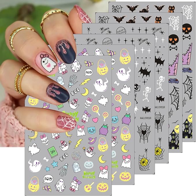 6 Sheets Colorful Halloween Nail Art Stickers Decals 3D Self-Adhesive Cute Pumpkin Ghost Spider Web Nail Decals Skull Bat Pegatinas Uñas, DIY Manicure Decoration Supplies Accessories for Women Girls - sugar skull nail art
