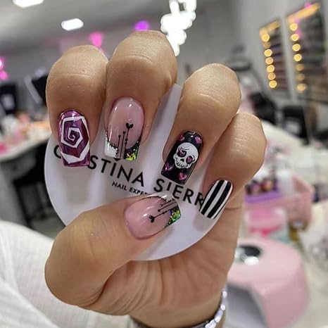 Halloween Heart Skeleton Press on Nails Short Square French Tip Fake Nails Full Cover Sugar Skull Swirl False Nails with Designs Glitter French Stick on Nails Artificial Glue on Nails for Women 24Pcs - sugar skull nail art