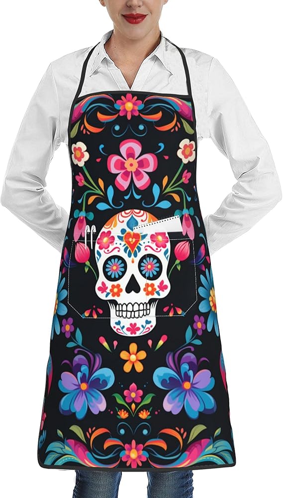 Cooking Chef Apron with Pockets BBQ Kitchen Work Waterproof for Gardening and Salon,Size 20.4x28.3 Inch - sugar skull apron for women