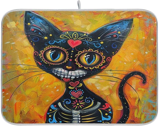 Vivid Print Kitchen Countertop Dish Drying Mat, Day Of Dead Happy Sugar Skull Cat 16"" x 18"" Absorbent Slip-Resistant Table Protector Multipurpose Counter Rack Sink Drainer Pad, Floral - sugar skull beach towel