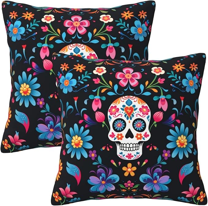 Set of 2 Throw Pillow Covers Mexican Sugar Skulls Flowers Print Double Sided Pattern Decorative for Bedroom,Living Room Sofa Couch,Size 18x18 Inches - sugar skull throw pillow