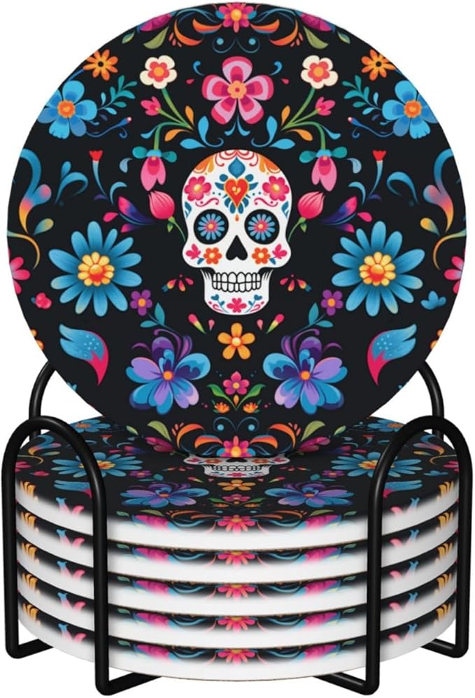 6 Pcs Ceramic Coasters with Holder Absorbent Drink Round Mexican Sugar Skulls Flowers Design for Home Table Coffee Cup Wine Beer Bar,Size 4.4 inches - sugar skull beach towel
