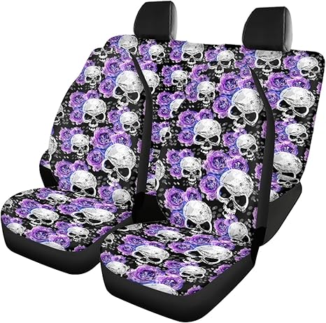Sugar Skull Purple Car Seat Covers Full Set Front Seats for Women Man 4Pcs Automotive Accessories Universal Seats Protector Fit Car,Truck,SUV,Vans Most Vehicle - sugar skull car seat covers set