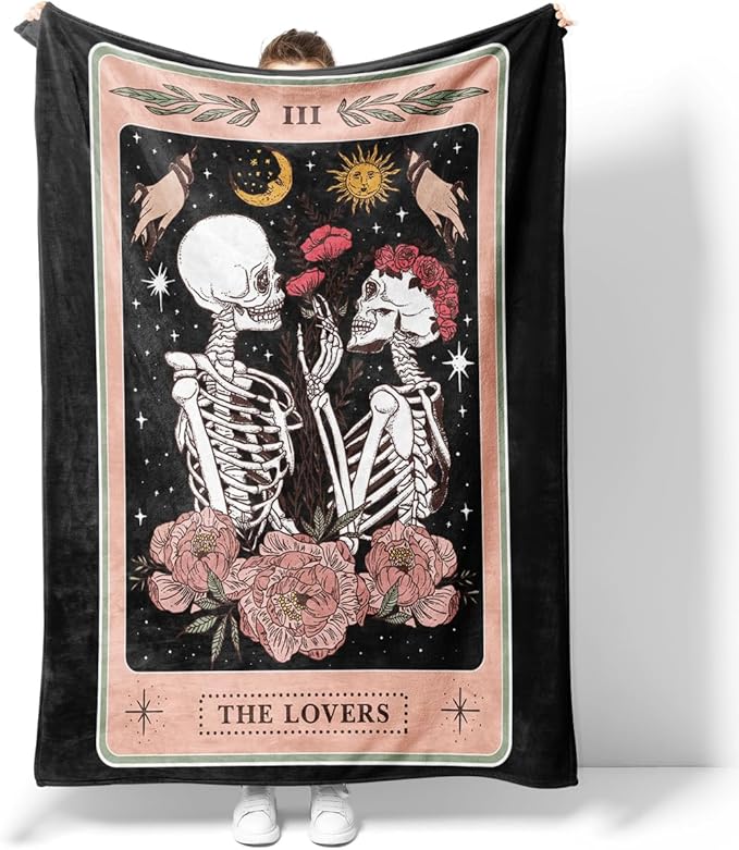 Skull Rose Tarot Throw Blanket for Adults - Soft Flannel Bed Couch Blanket with Gothic Flower Design for Women Men, Cozy Living Room Decor Gift for Lovers - sugar skull throw blanket