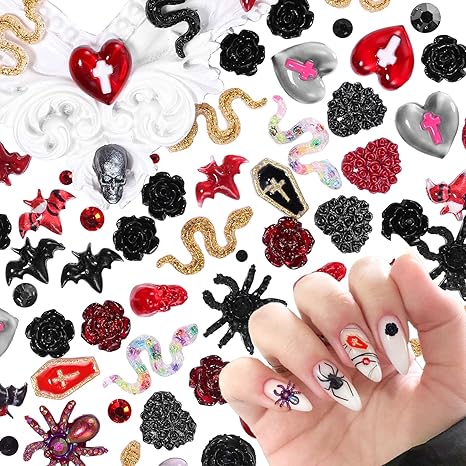 120 Pcs Halloween Resin 3D Nail Art Charms, Mix Styles Spider Snake Skull Hand Ghost Bat Flatback Slime Figures Charm with Half Round Rhinestones Halloween Charms for Nails Hallows' Day Party DIY - sugar skull nail art