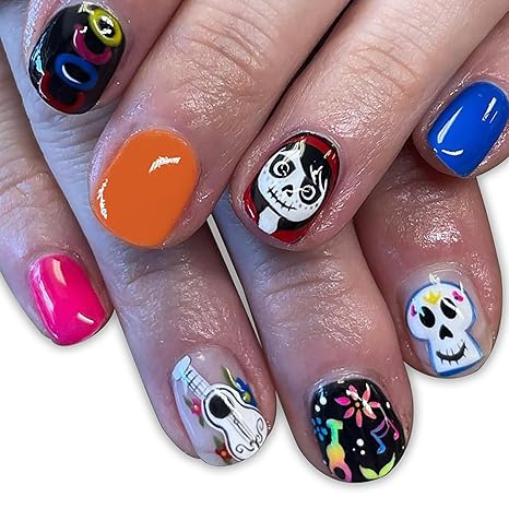 Halloween Press-on Devil Girls Sugar Skull False Nails with Designs - Full Cover Glossy Glue-on Acrylic Nails for Women & Girls - sugar skull nail art