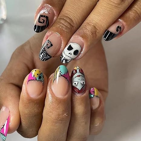 24 Pcs Halloween Press on Nails Short Almond Fake Nails with Black White Skull Designs Nightmare Acrylic False Nails Stick on Nail for Women Girls - sugar skull nail art