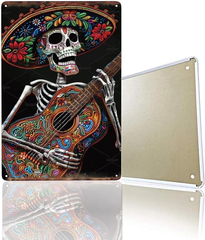 Mexican Skeleton Playing Guitar Metal Sign - Dia de los Muertos Wall Art for Fiesta Decor, Home Bar & Music Room - Handmade Rustic Tin Plaque with Colorful Sugar Skull Design (12x8 Inch) - sugar skull wreath for front door