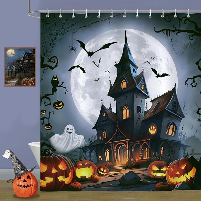 Bonhause Halloween Shower Curtain, Spooky Castle Ghost Pumpkin Lantern Bat Full Moon Bathroom Curtain 72x72 Inch Polyester Fabric Waterproof Bath Curtain with 12 Hooks - sugar skull shower curtain set