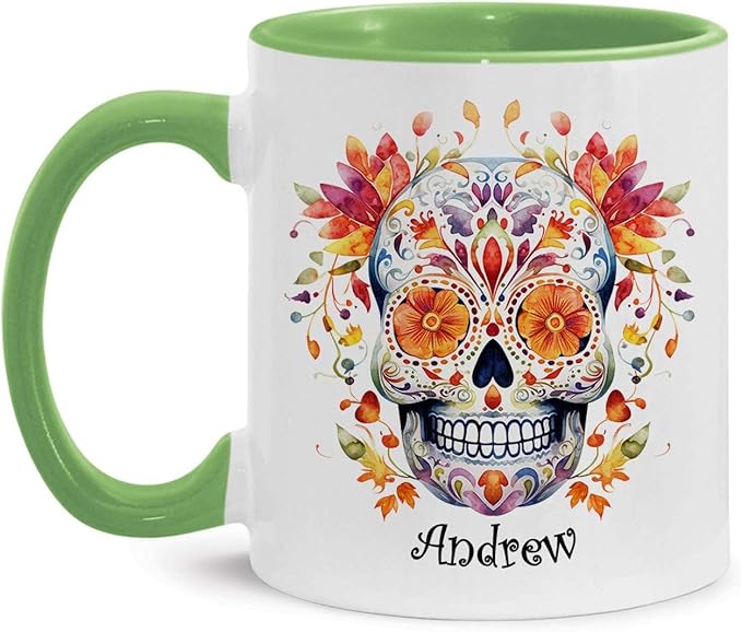Sugar Skull Mug With Customized Name, Colorful Day Of The Dead Design Cup, Floral Skull Accent Mug 11Oz Or 15Oz, Custom Sugar Skull Design Coffee Cup, Personalized Skull Themed Ceramic Mug - sugar skull coffee cup