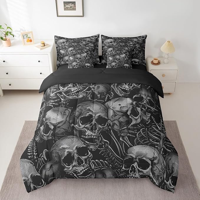 Feelyou Sugar Skull Comforter Set with Sheets Twin Size 7 Piece Gothic Skeleton Bedding Set for Kids Boys Girls Teens Room Decor Pesonalized Skeleton Bones Bed in a Bag Halloween Themed Grey Bed Set - sugar skull bedding set