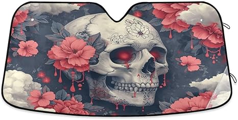 ALAZA Sugar Skull Flower Sylish Retro Car Windshield Sun Shade Blocks UV Rays Sun Visor Protector Foldable Sun Shield - sugar skull car sunshade for windshield