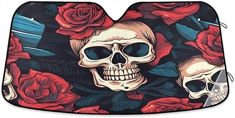 ALAZA Funny Sugar Skull Red Rose Flower Car Windshield Sun Shade Blocks UV Rays Sun Visor Protector Foldable Sun Shield - sugar skull car sunshade for windshield