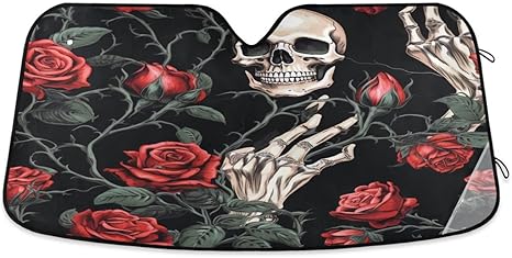 ALAZA Sugar Skull Hand Rose Flower Black Car Windshield Sun Shade Blocks UV Rays Sun Visor Protector Foldable Sun Shield - sugar skull car sunshade for windshield