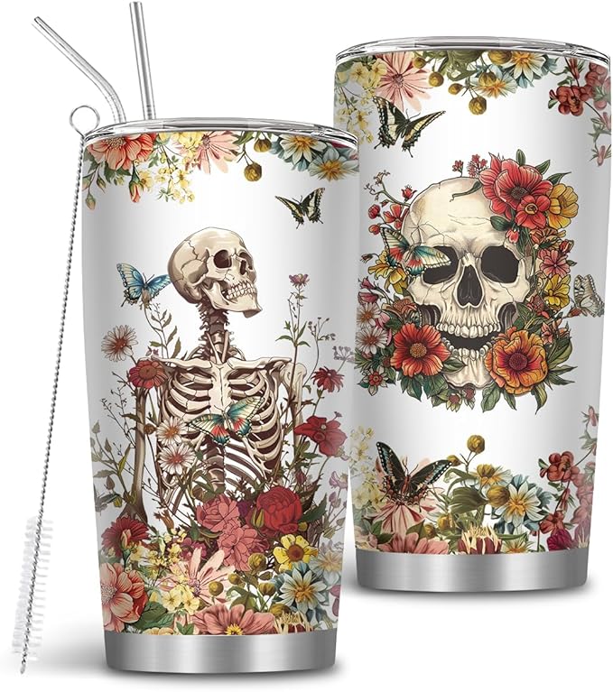 Skull Tumbler, Horror Gifts for Skull Lover Men Women, 20 Oz Horror Wicked Spooky Flower Travel Coffee Tumbler Cup with Straw & Brush, Christmas Birthday Thanksgiving Gifts, 1 PCS - sugar skull tumbler with straw