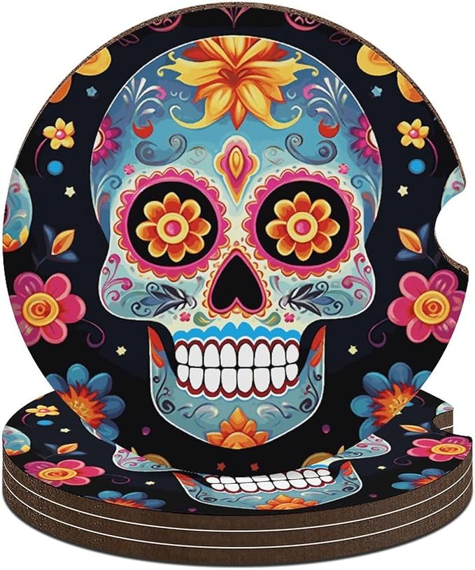 Car Coasters 4PCS Sugar Skulls Car Cup Holder Coasters Non-Slip Drink Coasters Absorbent Insert Cup Pads Rubber Car Cup Mat Universal Car Interior Accessories for Most Vehicle - sugar skull car floor mats