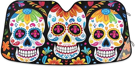 Cars Front Sun Shade Windshield,Foldable Reflective Sun Visor Cute Sugar Skull with Flowers Windshield Sunshade Cover,Blocks UV Ray Sun Protect Interior Keep Cool,57" x 31.5 " - sugar skull car sunshade for windshield