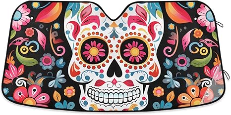 Cars Front Sun Shade Windshield,Foldable Reflective Sun Visor Sugar Skulls and Colorful Flowers Windshield Sunshade Cover,Blocks UV Ray Sun Protect Interior Keep Cool,57" x 31.5 " - sugar skull car sunshade for windshield