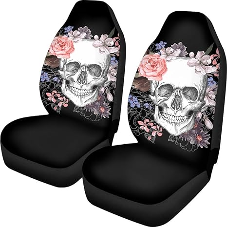 Pehede Car Seat Cover Flower Skull Front for Cars, Easy to Install Cover Set, Accessories Auto Trucks Van SUV,2 Packs - sugar skull car floor mats