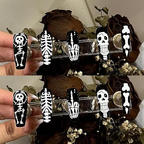 Black Press On Ballet Shaped Skeleton False Nails - DIY Stick On Coffin Nails, Reusable Artificial Acrylic, 24 Pcs - sugar skull nail art