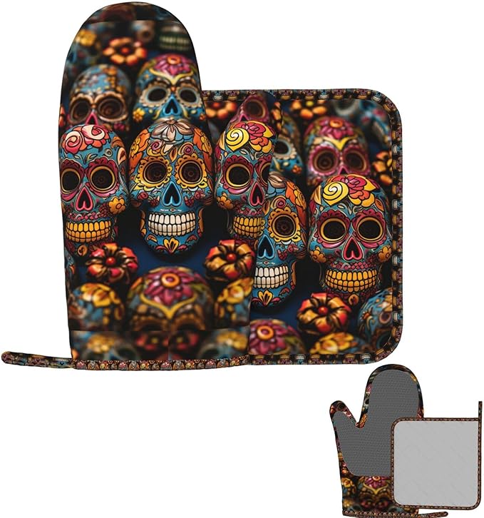 Oven Mitts and Pot Holders 2 pcs Heat Resistant Oven Glove Colorful Sugar Skulls Oven Mitt Non-Slip Oven Gloves for Cooking Kitchen Hot Pads for Grilling Microwave Baking BBQ - sugar skull oven mitts