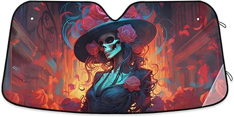 Cars Front Sun Shade Windshield,Foldable Reflective Sun Visor Cute Mexican Roses Sugar Skull Windshield Sunshade Cover,Blocks UV Ray Sun Protect Interior Keep Cool,53" x 23.5 " - sugar skull car sunshade for windshield