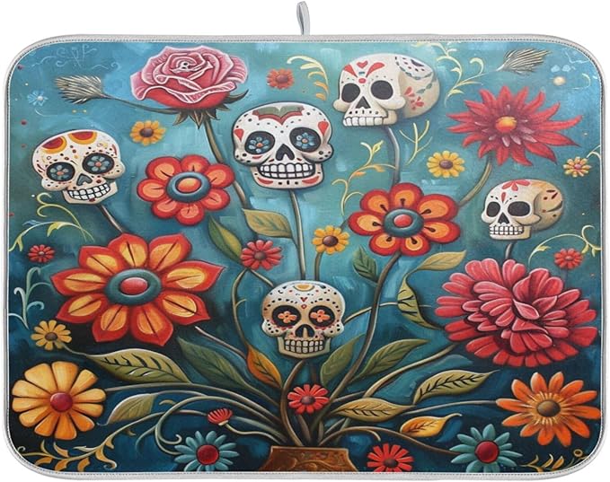 Attractive Kitchen Countertop Dish Drying Mat, Art Sugar Skulls Flower Day Of Dead 18"" x 24"" Large Absorbent Slip-Resistant Table Protector Multipurpose Counter Rack Sink Drainer Pad, Floral - sugar skull beach towel