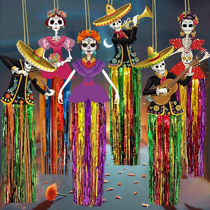 6 PCS Day of The Dead Sugar Skull Hanging Decorations, Dia De Los Muertos Decorations Mexican Fiesta Halloween Party Supplies for Ofrenda Altar Home Outdoor Decor (B-Band 2) - sugar skull figurine collectible