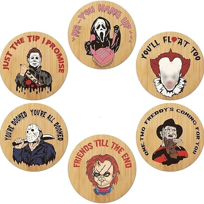 Generic Halloween Spooky Coasters Gift Set Horror Movie Character Bar Coaster for Party Decor Round Wooden Coasters for Halloween Home Kitchen Office Table Decoration Supplies, WW-184 - sugar skull coasters set