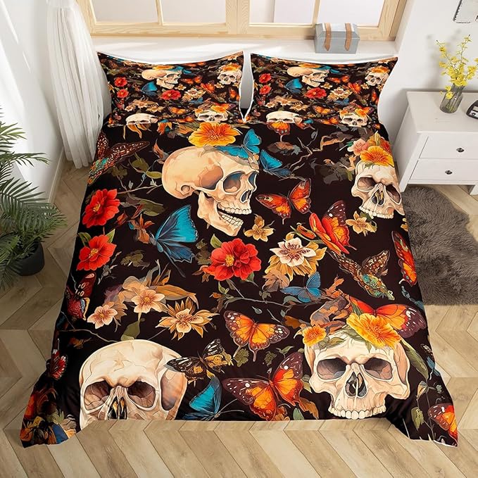 Feelyou Sugar Skull Bedding Set Full Size Kids Botanical Flowers Print Comforter Cover Set for Boys Girls Teens Butterfly Gothic Skeleton Duvet Cover Halloween Themed Bedspread Cover（No Comforter - sugar skull bedding set