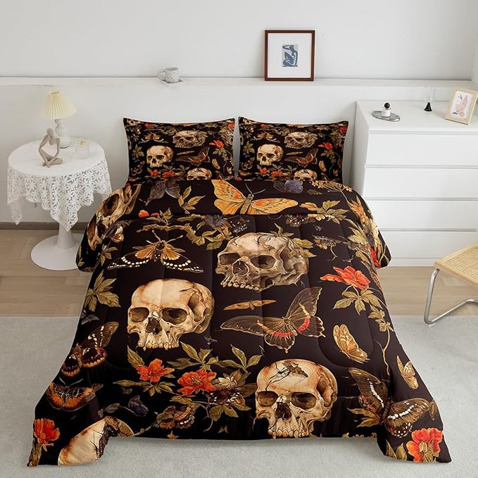 Feelyou Sugar Skull Comforter Set King Size Kids Botanical Flowers Comforter for Boys Girls Teens Butterfly Gothic Skeleton Bedding Set Halloween Themed Quilt Set - sugar skull bedding set