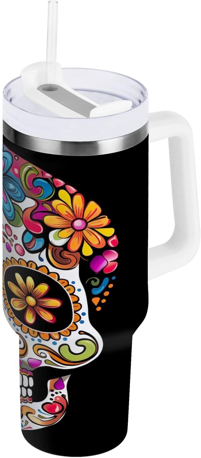 Colorful Sugar Skull Car Handle Water Cup Tumbler with Handle and Straw Stainless Steel Vacuum Insulated Tumbler Travel Coffee Mug Fit for Car Cup Holder-30 oz - sugar skull tumbler with straw
