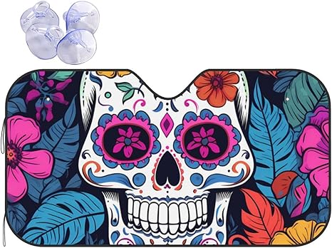 Sugar Skull Car Windshield Sun Shade Day of The Dead Front Window Sunshade Foldable Reflective Sun Visor for SUV Truck Van Sun Protection Visors Blocks UV Rays - sugar skull car sunshade for windshield
