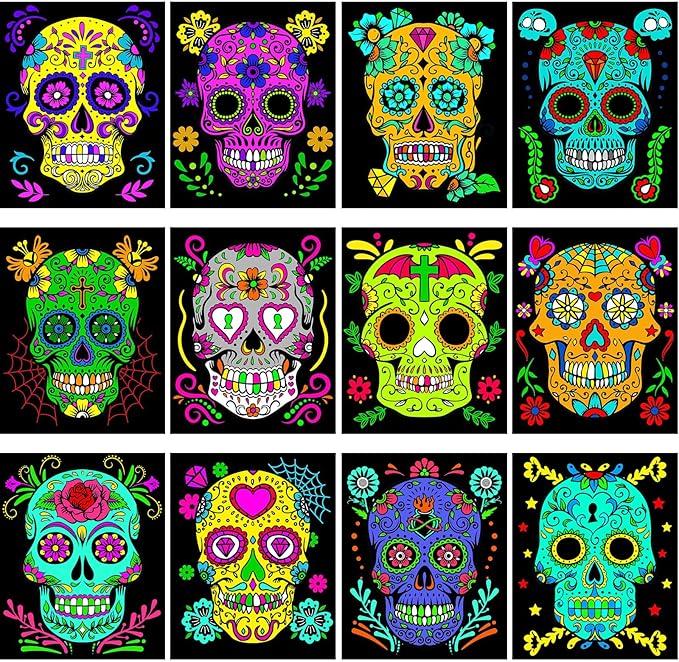 Zhanmai 48 Pcs Sugar Skulls Velvet Coloring Posters Halloween Fuzzy Coloring Sheets Day of the Dead Fuzzy Velvet Coloring Posters DIY Craft Coloring Poster Family Craft Project to Color and Share - sugar skull poster print