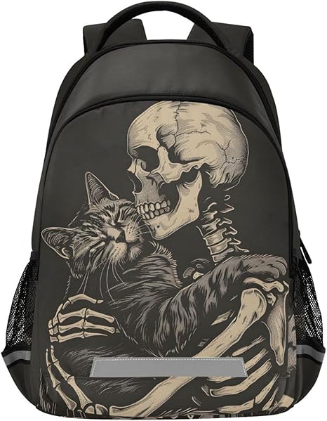 Skull Backpack for Students Boys Girls Cat and Skeleton Skull School Bag Travel Daypack Rucksack - best sugar skull backpack