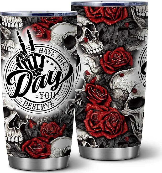 Skull and Rose 20oz Stainless Steel Tumbler with Lid, Halloween Gothic Finger Skeleton Hand Cup, Double Wall Insulated Travel Coffee Mug, Funny Dark Gift for Men and Women - sugar skull tumbler with straw