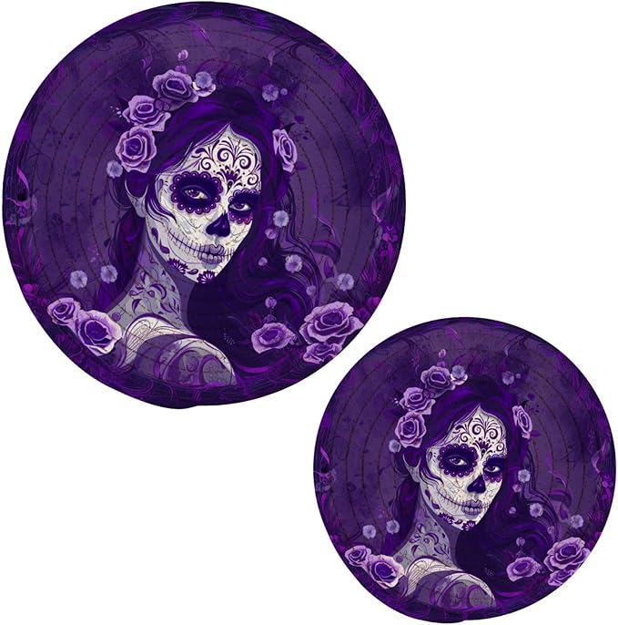 Gorgeous Kitchen Set of 2 Potholders Trivets, Day of Dead Makeup Girl in Purple Sugar Skull Woven Hot Pot Coasters Placemats for Cooking Baking Hot Dish Pan Pot Bowl Teapot(7&9 Inches Diameter) - sugar skull coasters set