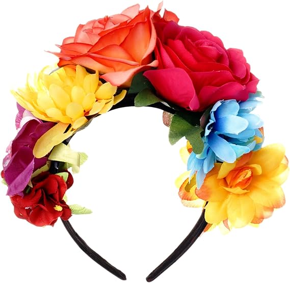 Nydotd Mexican Rose Flower Crown Headband, Day of The Dead Floral Rose Crown Headband Headpiece for Halloween Costume Party - sugar skull flower crown