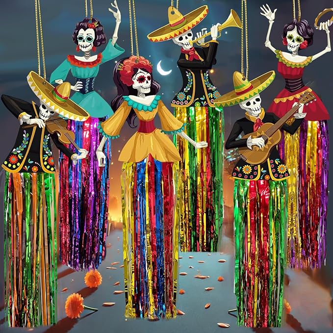 6 PCS Day of The Dead Sugar Skull Hanging Decorations, Dia De Los Muertos Decorations Mexican Fiesta Halloween Party Supplies for Ofrenda Altar Home Outdoor Decor - sugar skull christmas ornament